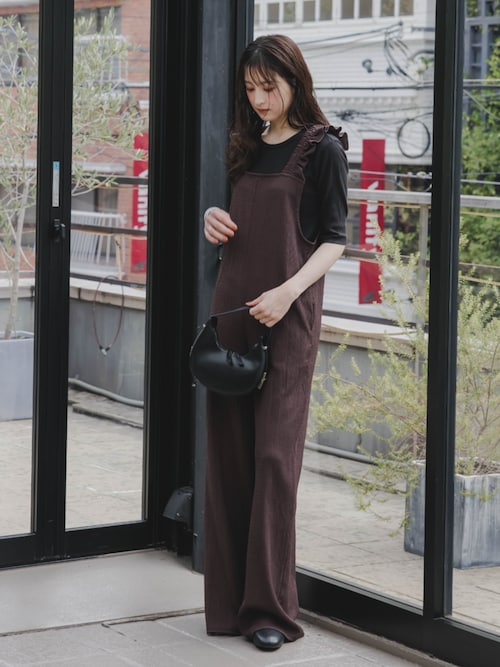 セール】高身長 縦柄カットソーショルダーフリルオールインワン