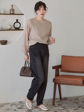 「nissen（ニッセン）の高身長　テーパードデニムパンツ（トールサイズ）Essenave（パンツ、ブラック系）」を使った、nissen Tall Modelsさん（レディース・174cm）の秋コーディネート