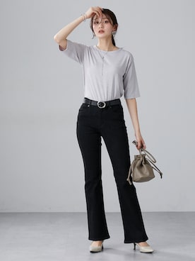 「nissen（ニッセン）の高身長　リニューアル版すごのびストレッチデニムブーツカットパンツ（選べる2レングス）丈長め・トールサイズ（パンツ、ブラック系）」を使った、nissen Tall Modelsさん（レディース・173cm）の春コーディネート