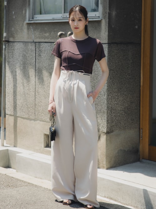 高身長 リボン付ハイウエストタックワイドパンツ（トールサイズ