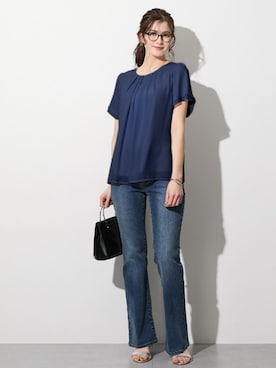 「nissen（ニッセン）の高身長　リニューアル版すごのびストレッチデニムブーツカットパンツ（選べる2レングス）丈長め・トールサイズ（パンツ、ブルー系）」を使った、nissen Tall Modelsさん（レディース・173cm）の春コーディネート