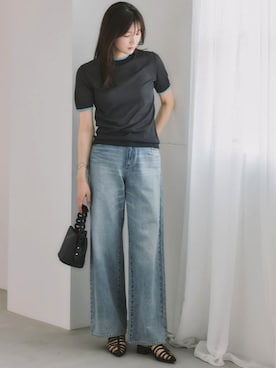 「nissen（ニッセン）の高身長　デニムワイドストレートパンツ（トールサイズ）Essenave（パンツ、ブルー系）」を使った、nissen Tall Modelsさん（レディース・173cm）の夏コーディネート