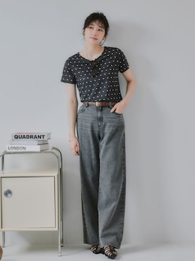 「nissen（ニッセン）の高身長　デニムワイドストレートパンツ（トールサイズ）Essenave（パンツ、ブラック系）」を使った、nissen Tall Modelsさん（レディース・173cm）の夏コーディネート