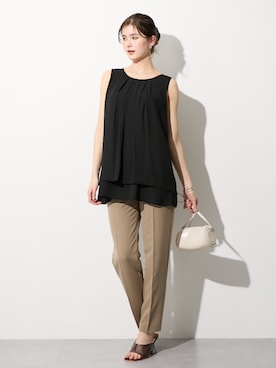 「nissen（ニッセン）の高身長　ストレッチきれい見えテーパードパンツ（選べる2レングス）　丈長め・トールサイズ（パンツ、ブラック系）」を使った、nissen Tall Modelsさん（レディース・173cm）の春コーディネート