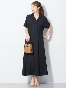 「nissen（ニッセン）の高身長　美ラクRUタッチシャツワンピース（接触冷感・抗菌防臭・UVカット・遮熱）（トールサイズ）（ワンピース、ブラック系）」を使った、nissen Tall Modelsさん（レディース・173cm）の春コーディネート