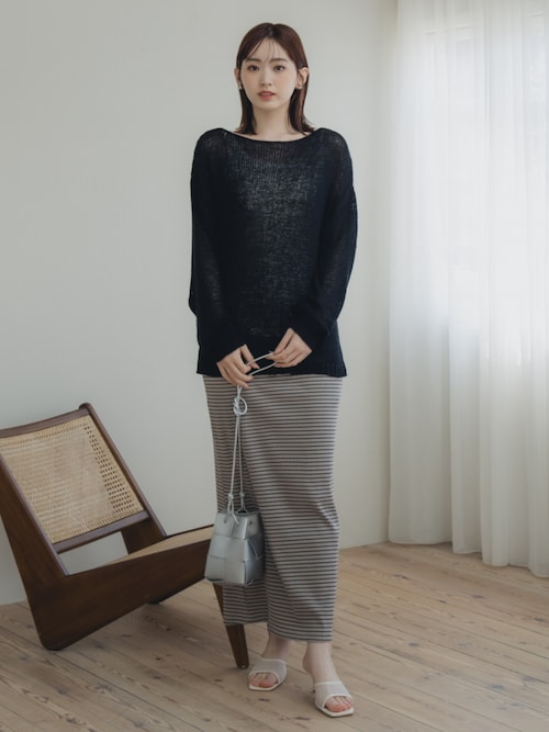 tシャツ 高身長　リブボーダーセットアップ（Ｔシャツ＋スカート）（トールサイズ）Essenave レディース slattgir tシャツ 高身長 リブボーダーセットアップ（Tシャツ＋