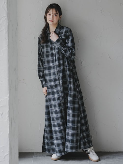 セール】高身長 チェック柄マキシ丈シャツワンピース（トールサイズ