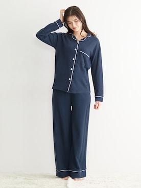 「nissen（ニッセン）の高身長　綿100％接結天竺パジャマ2点セット（トールサイズ）（Tシャツ/カットソー、ブルー系）」を使った、nissen Tall Modelsさん（レディース・173cm）の春コーディネート