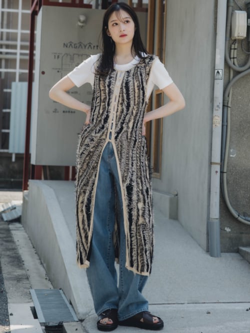 高身長 麻タッチフリンジニットノースリーブジレ（トールサイズ