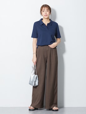 「nissen（ニッセン）の高身長　ペン差し半袖ポロシャツ（吸汗速乾・UVカット）（トールサイズ）（ポロシャツ、ブルー系）」を使った、nissen Tall Modelsさん（レディース・173cm）の春コーディネート