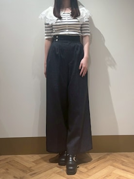 「31 Sons de mode（トランテアン　ソン　ドゥ　モード）の2026春夏新作 レーストリミングビッグカラーニット（ニット/セーター、ブラウン系）」を使った、モユク札幌店さん（レディース・159cm）の春コーディネート