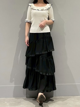 「31 Sons de mode（トランテアン　ソン　ドゥ　モード）の2026春夏新作 フリル配色ニット（ニット/セーター、ホワイト系）」を使った、モユク札幌店さん（レディース・159cm）の春コーディネート