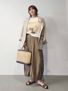 「BABYLONE（バビロン）のリネンライクシャンタンクロスジャケット（テーラードジャケット、ベージュ系）」を使った、ISHIIさん（レディース・166cm）の春コーディネート