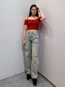 ハイウエストGG Stitch Barrel Leg ダメージデニムパンツ