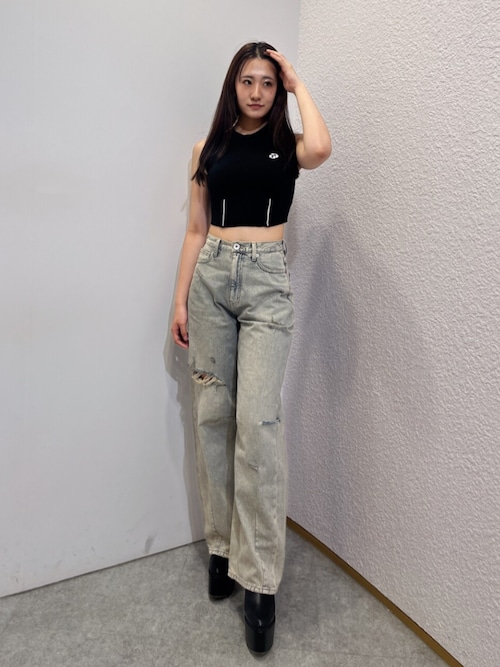 ハイウエスト GG Stitch Barrel Leg ダメージデニムパンツ ハイウエストGG Stitch バレルレッグダメージデニムパンツ