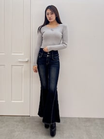 ハイウエストボタンBACKレースアップフレアデニムパンツ｜ジェイダ