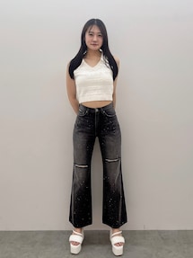 バンタム　170H　ジョニ ハイウエストKNEEダメージbijouワイドデニムパンツ｜ジェイダ