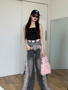 「アイテム（ベルト）」を使った、胡熊もえさん（レディース・153cm）の秋コーディネート
