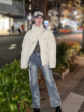 「アイテム（ベルト）」を使った、胡熊もえさん（レディース・153cm）の冬コーディネート