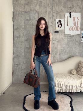 「GRL（グレイル）のアイテム（ブーツ、ブラック系）」を使った、胡熊もえさん（レディース・153cm）の夏コーディネート