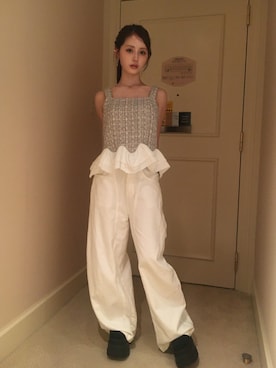 「SHEINのアイテム（パンツ、ホワイト系）」を使った、胡熊もえさん（レディース・153cm）の夏コーディネート