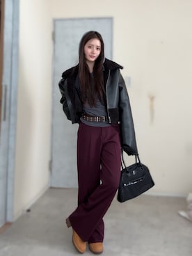 「アイテム（ムートンコート）」を使った、胡熊もえさん（レディース・153cm）の冬コーディネート