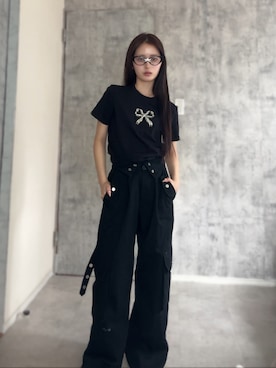 「SHEINのアイテム（パンツ、ブラック系）」を使った、胡熊もえさん（レディース・153cm）の春コーディネート