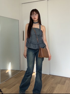 「アイテム（チューブトップ）」を使った、胡熊もえさん（レディース・153cm）の秋コーディネート