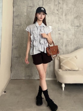 「abaskdesign（アバスクデザイン）のアイテム」を使った、胡熊もえさん（レディース・153cm）の夏コーディネート