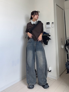「WYM LIDNM（ウィム バイ リドム）のEXTRA FINE COTTON BASIC TEE -SLIM CROPPED FIT-（Tシャツ/カットソー）」を使った、kurumiさん（レディース・166cm）の夏コーディネート