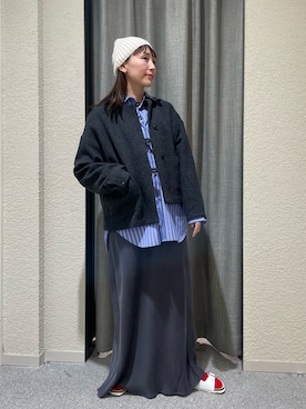 「かぐれ（カグレ）のコットンストライプレギュラーシャツ（シャツ/ブラウス）」を使った、haginoさん（レディース・152cm）の秋コーディネート