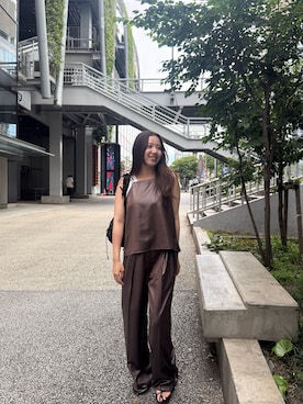 「SHENERY（シーナリー）の【SET UP】レザーライクキャミソール（シャツ/ブラウス、ブラウン系）」を使った、ran_158cmさん（レディース・158cm）の夏コーディネート