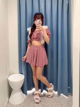 「OLIVE des OLIVE（オリーブデオリーブ）のシャーリングswimwear（水着、レッド系）」を使った、ひろさん（レディース・155cm）の夏コーディネート