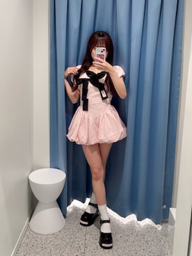 「OLIVE des OLIVE（オリーブデオリーブ）の【インフルエンサー企画】miko ribbon balloon dress（ワンピース、ピンク系）」を使った、ひろさん（レディース・155cm）の夏コーディネート