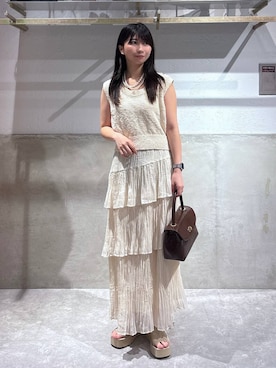 「LOWRYS FARM（ローリーズファーム）のパールタレンネックレス　249411（ネックレス）」を使った、みのりさん（レディース・155cm）の夏コーディネート