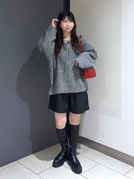 「LOWRYS FARM（ローリーズファーム）のメランジフードニットプルオーバー  581131（ニット/セーター）」を使った、みのりさん（レディース・155cm）の秋コーディネート
