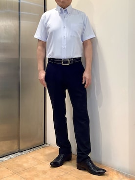 「TOKYO SHIRTS（トウキョウシャツ）の形態安定ノンアイロン ボタンダウン 半袖ビジネスワイシャツ（ビジネスシャツ、ブルー系）」を使った、BRICK HOUSE シャツ工房 なんばウォーク店さん（メンズ・168cm）の夏コーディネート