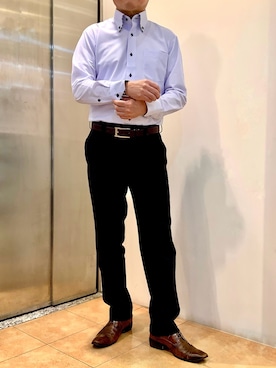 「TOKYO SHIRTS（トウキョウシャツ）の形態安定ノンアイロン ボタンダウン 長袖ストレッチビジネスワイシャツ（ビジネスシャツ、ブルー系）」を使った、BRICK HOUSE シャツ工房 なんばウォーク店さん（メンズ・168cm）の春コーディネート