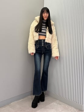 「ボーダーニット」｜「アイテム（ブルゾン）」を使った、中村樹李亜さん（レディース・175cm）の秋コーディネート