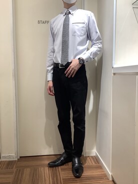 「TOKYO SHIRTS（トウキョウシャツ）の形態安定ノンアイロン ボタンダウン 長袖ビジネスワイシャツ（ビジネスシャツ、ブルー系）」を使った、BRICK HOUSE シャツ工房 新橋店さん（メンズ・185cm）の春コーディネート