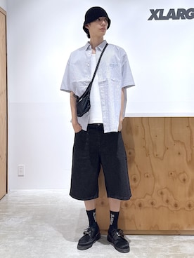「XLARGE（エクストララージ）のPIN STRIPE WORK S/S SHIRT（シャツ/ブラウス、ホワイト系）」を使った、issaさん（メンズ・186cm）の夏コーディネート