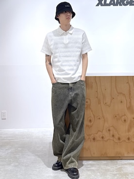 「XLARGE（エクストララージ）のSTRIPED KNIT POLO SHIRT（ポロシャツ、ホワイト系）」を使った、issaさん（メンズ・186cm）の夏コーディネート