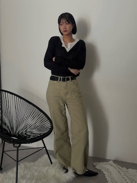 「nissen（ニッセン）のシアーリブカットソーヘンリーネックトップス（Tシャツ/カットソー、ホワイト系）」を使った、Maoさん（レディース・165cm）の春コーディネート