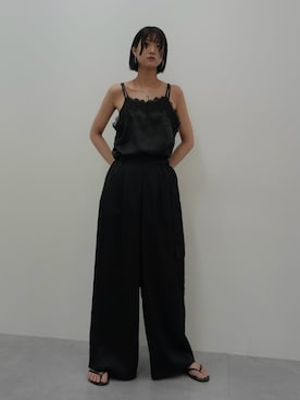 「nissen（ニッセン）のアシメレースサテン素材キャミソール（キャミソール、ブラック系）」を使った、Maoさん（レディース・165cm）の夏コーディネート