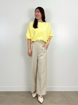 「DRESKIP（ドレスキップ）の【洗える】大人の上品コーデに お袖ビジュー釦付きリブドルマンニット（Knitwear、イエロー系）」を使った、shionさん（レディース・162cm）の冬コーディネート