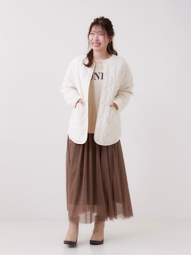「SHOO・LA・RUE（シューラルー）の【セレモニーからデイリーまで】女性らしさあふれる チュールスカート（Skirt、ブラウン系）」を使った、shionさん（レディース・162cm）の秋コーディネート
