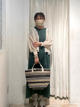 「Samansa Mos2 blue（サマンサモスモスブルー）のドッキングワンピース（ワンピース、グリーン系）」を使った、きむさん（レディース・153cm）の春コーディネート