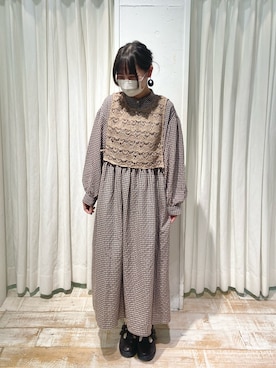 「ehka sopo（エヘカソポ）のレースベスト付チェック柄ワンピース（ワンピース、ベージュ系）」を使った、きむさん（レディース・153cm）の秋コーディネート