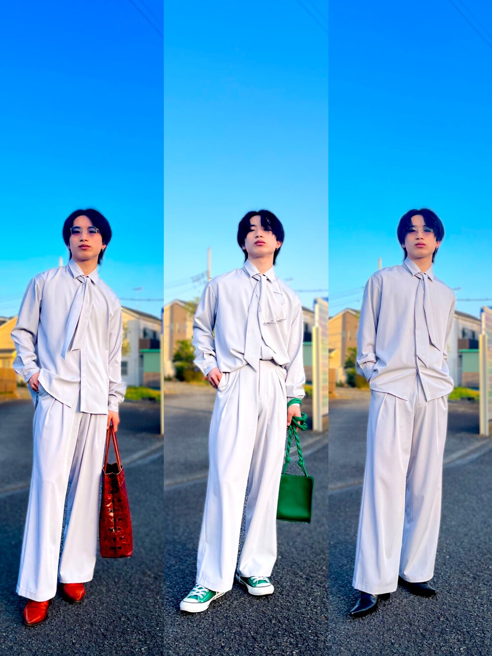 オレンジ系のブーツ、グリーン系のスニーカー、グリーン系のショルダーバッグを着用したメンズの春コーディネートの1枚目の写真