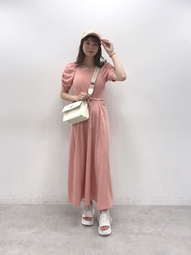 「one after another NICE CLAUP（ワンアフターアナザーナイスクラップ）のカップ付きワッフルロングワンピース（ワンピース、ピンク系）」を使った、namikiさん（レディース・161cm）の夏コーディネート